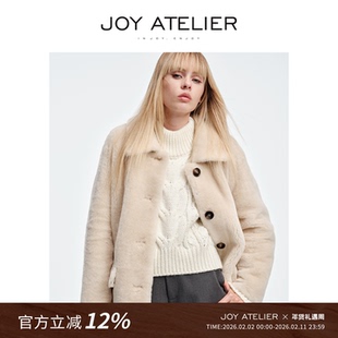 JOY0806 意式美人 米白色小翻领收腰短款澳洲美莉诺皮毛一体外套