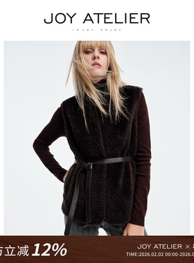 JOY6823 深穗 深咖色小V领麦穗羊皮腰带皮毛一体马甲女收腰背心