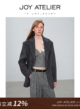 JOY ATELIER廓形灰色羊毛西装2025秋冬新品单排扣翻领西服外套
