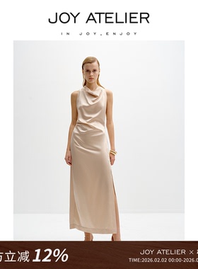 JOY ATELIER3016铂金美人 重磅桑蚕丝缎面超长荡领微收腰连衣裙女