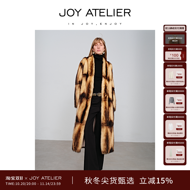 JOY ATELIER 丹麦进口艾鼬毛皮大衣女V领修身中长款系带皮草外套