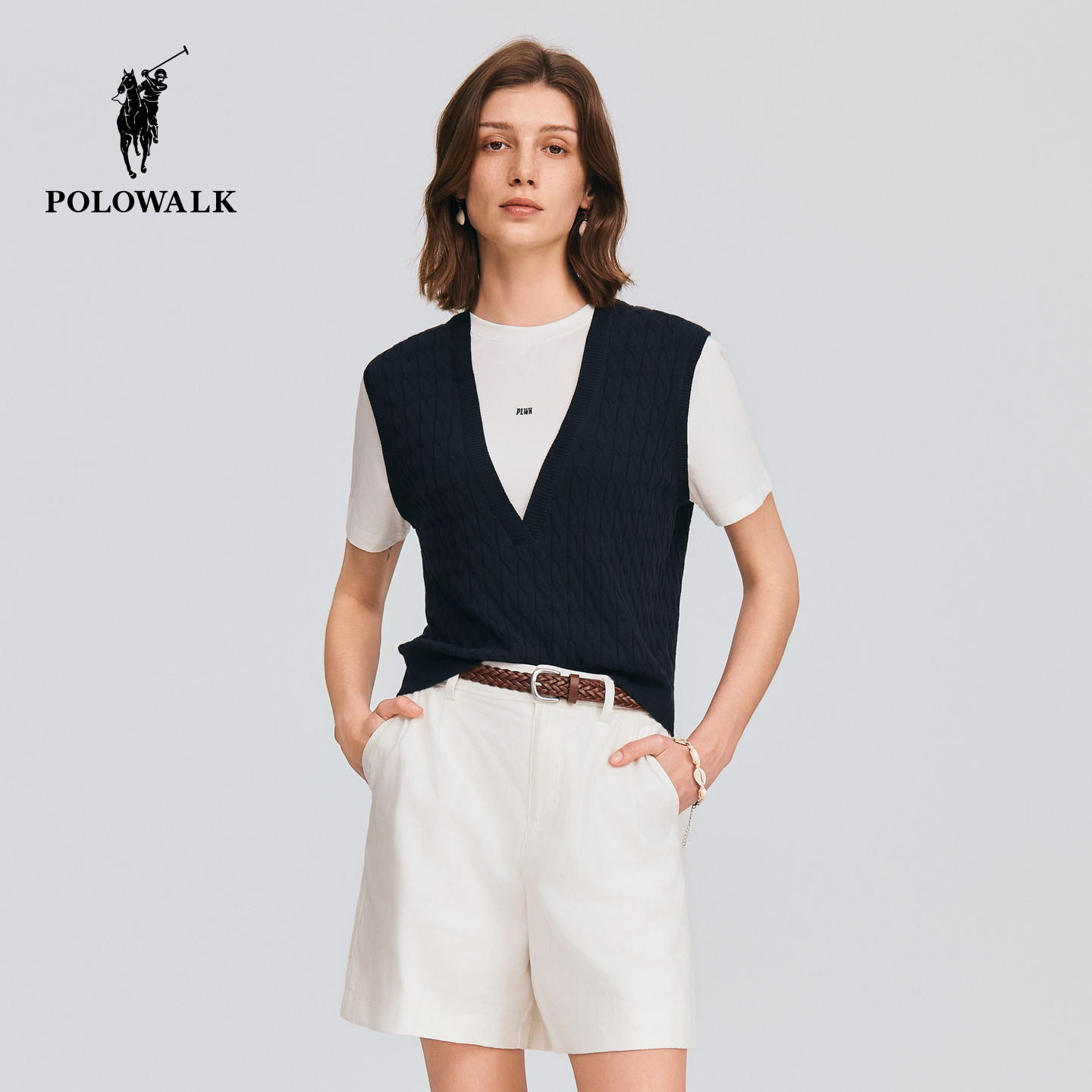POLOWALK女式短袖针织衫2026夏季新品假两件拼接显瘦套头针织衫