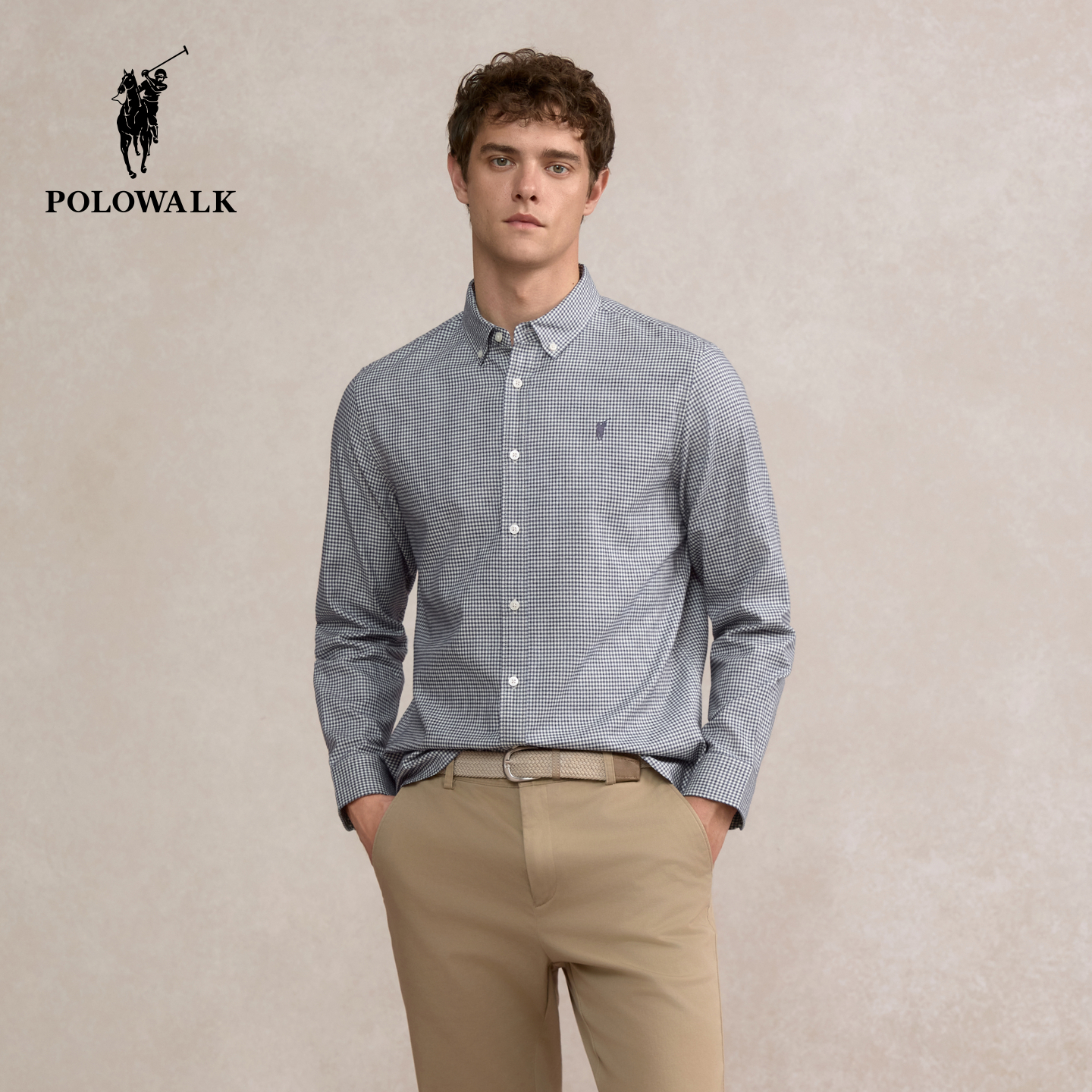 【100%纯棉】POLOWALK男装长袖衬衫2025秋季新品细格子休闲衬衣男
