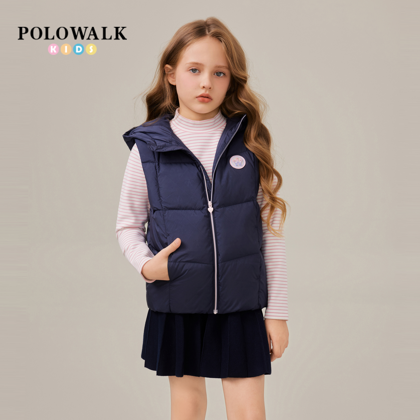 POLOWALK童装女童羽绒马夹2025秋冬新品时尚大童连帽羽绒背心保暖