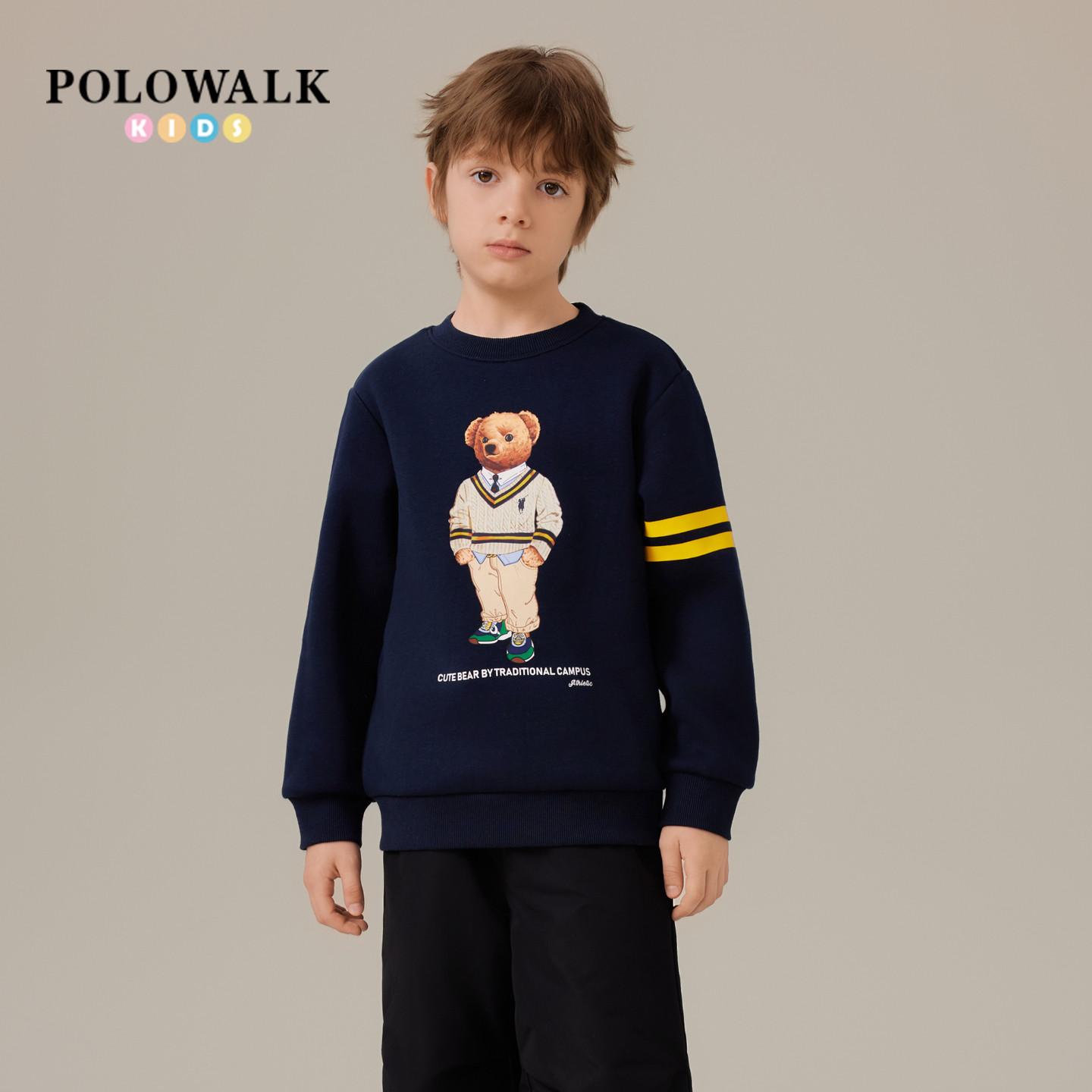 POLOWALK童装男童卫衣2026秋冬新品时尚小熊印花圆领百搭套头上衣