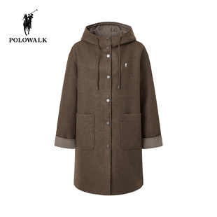 POLOWALK女式羽绒服2025冬季新品连帽90鸭绒中长款格纹袖口外套
