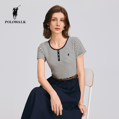 POLOWALK女式短袖针织连衣裙2026夏季新品黑白条纹显瘦连衣裙女