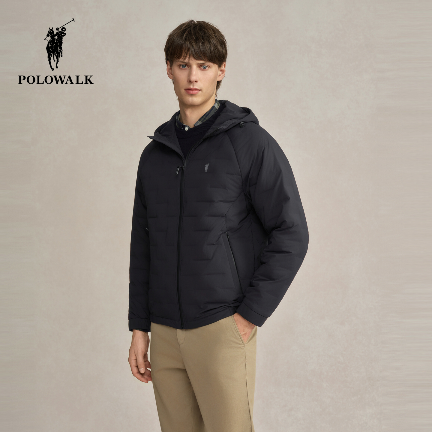 POLOWALK男式羽绒服2025冬季新品简约百搭90鸭绒立领直筒连帽外套