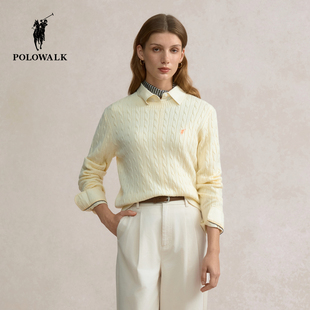 【含绵羊毛】POLOWALK女式针织衫秋冬新款经典绞花圆领套头毛衣女