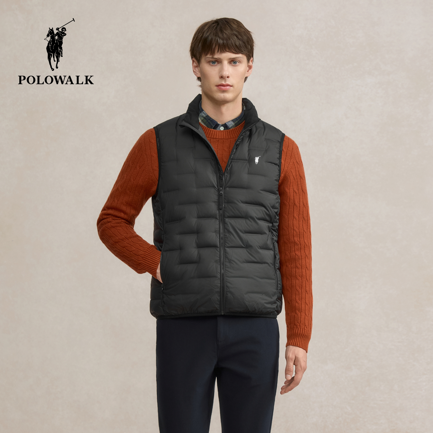 POLOWALK男式羽绒马甲2025冬季新品绅士简约90鸭绒立领保暖背心男
