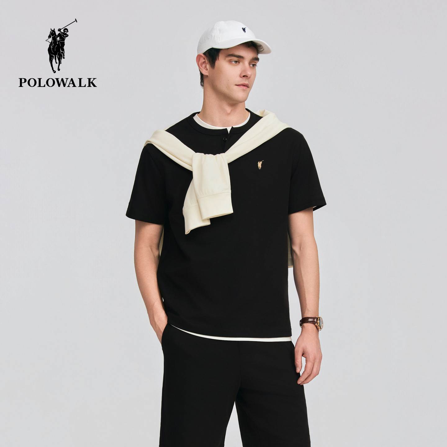 【套装】POLOWALK男式短袖2026夏季新品亨利领短袖T恤休闲短裤