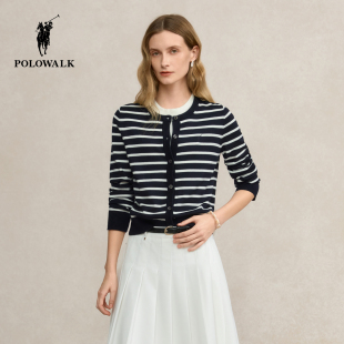 POLOWALK女式长袖针织衫女装2025秋季新品时尚百搭条纹针织开衫