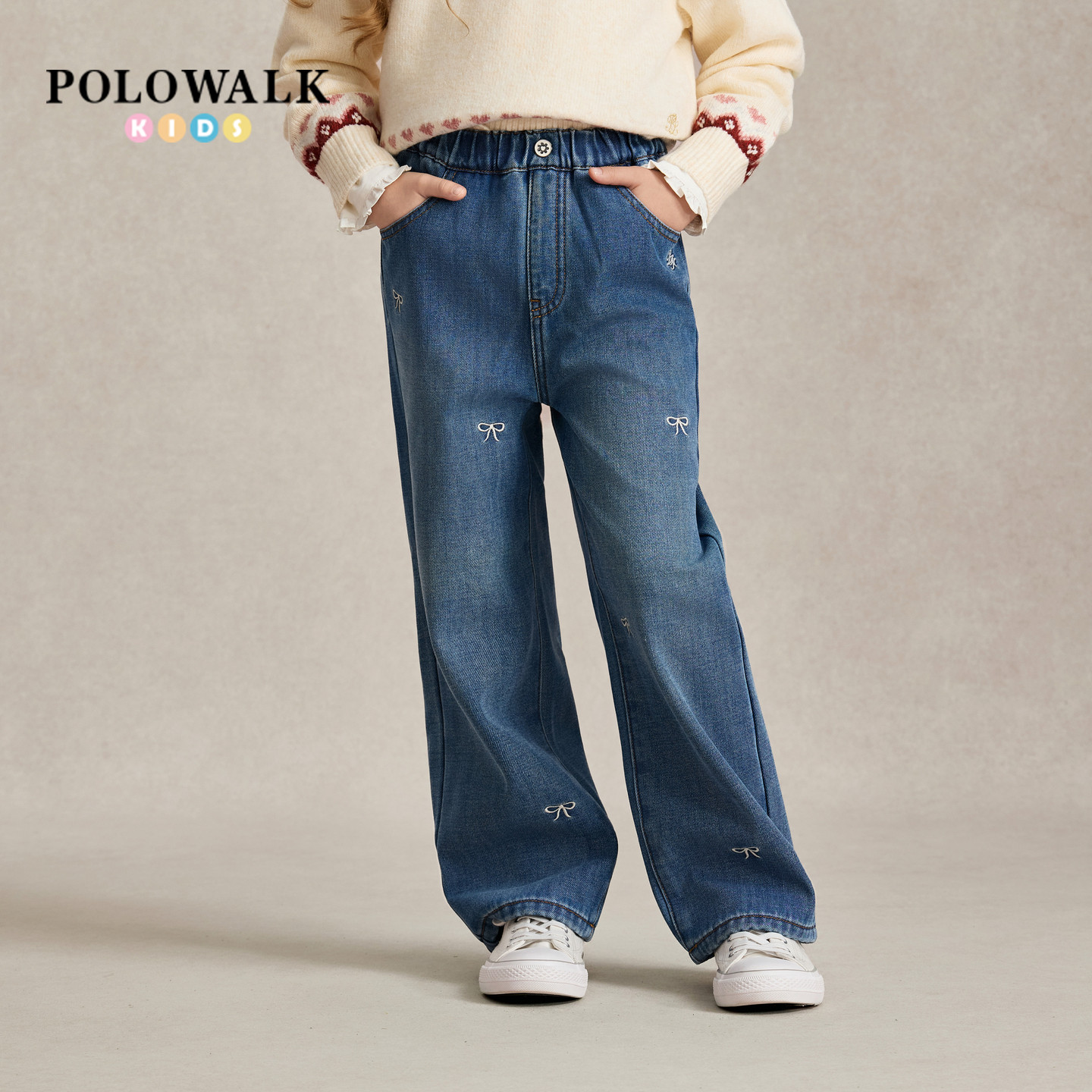 POLOWALK女童牛仔裤2026秋季新品脚口蝴蝶结松紧腰加绒保暖长裤