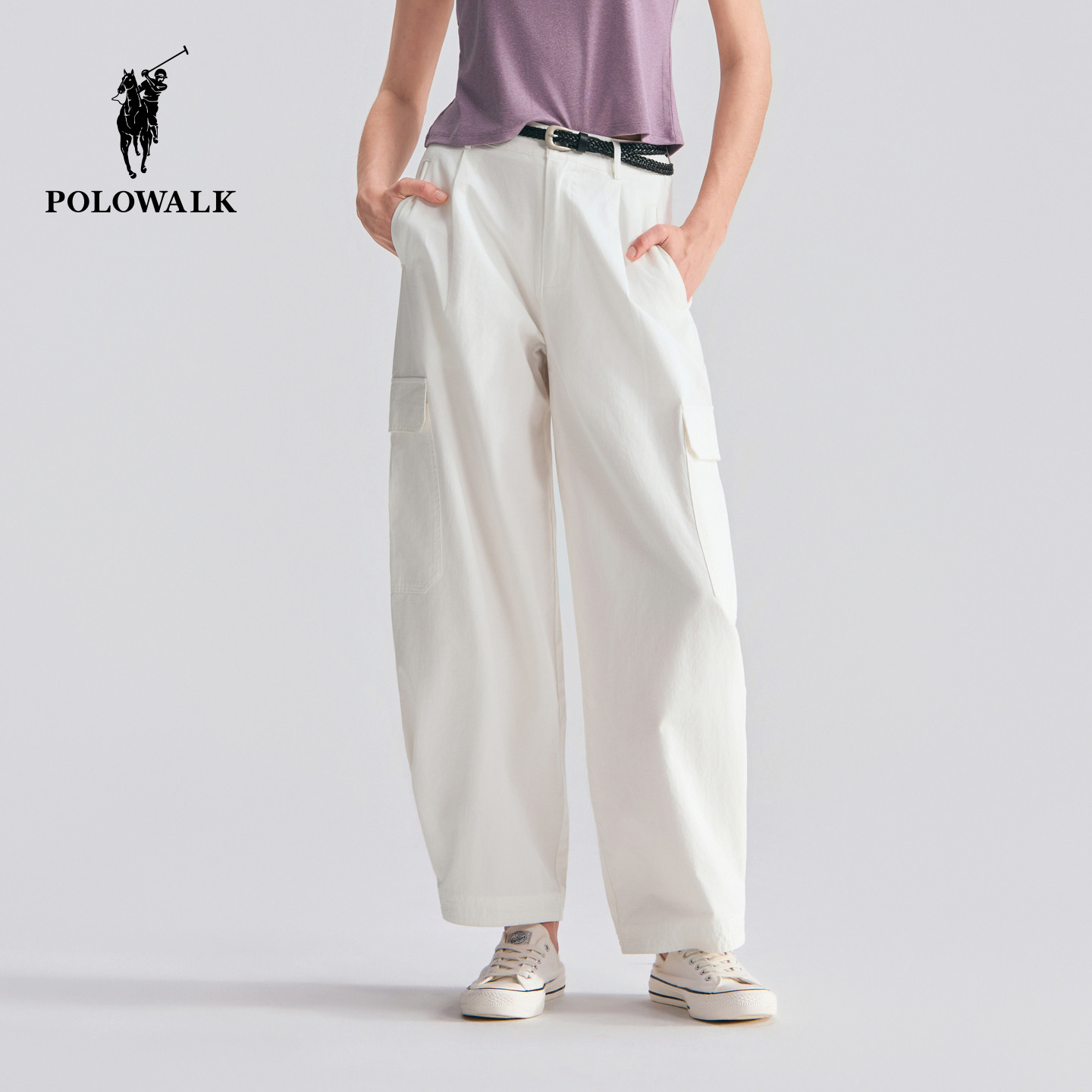 【100%棉】POLOWALK女式休闲裤2026春夏新品工装休闲风松紧腰长裤