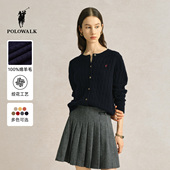POLOWALK女士羊毛衫 女款 秋冬圆领纯色薄款 100%绵羊毛纯色针织开衫