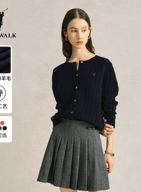 POLOWALK女士羊毛衫秋冬圆领纯色薄款100%绵羊毛开衫女款