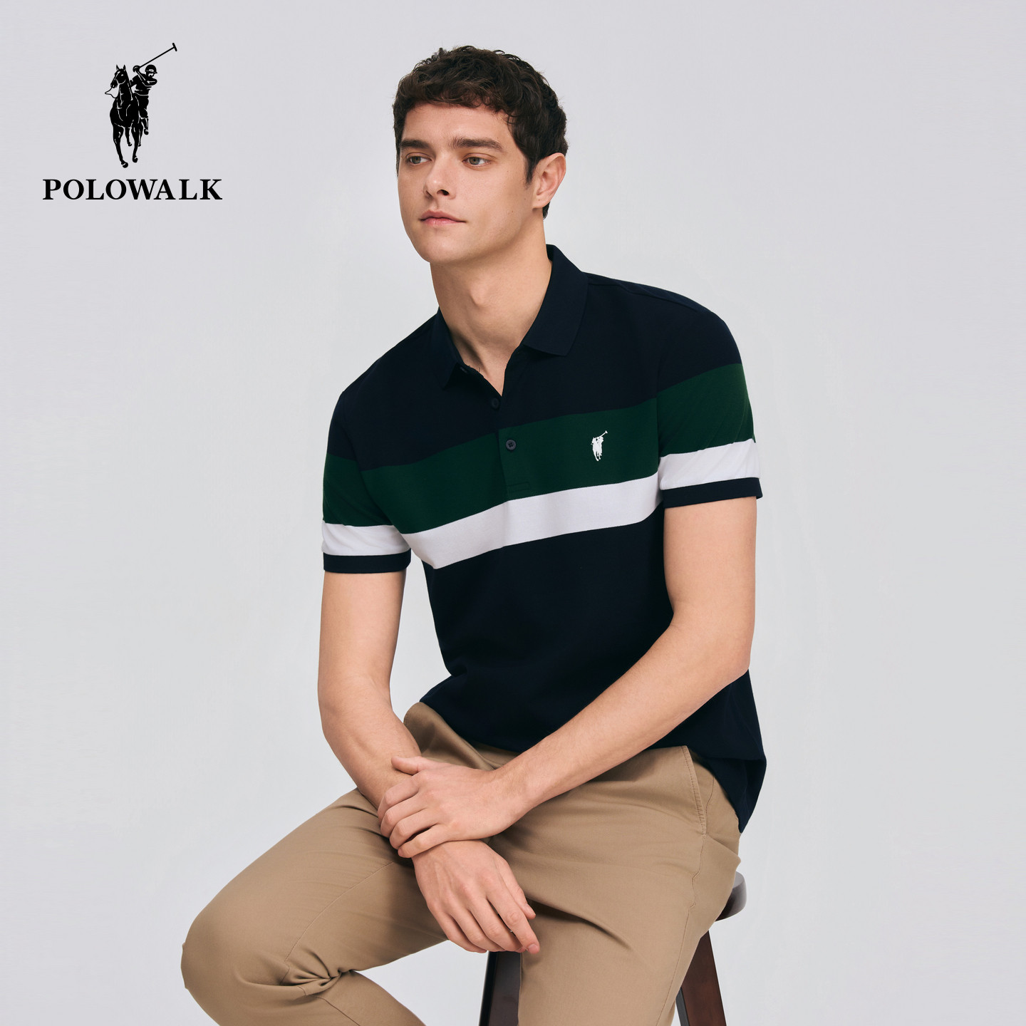 [特惠]POLOWALK男式短袖POLO衫男装撞色条纹商务通勤POLO衫