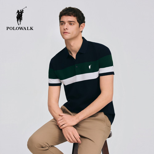 [特惠]POLOWALK男式短袖POLO衫男装撞色条纹商务通勤POLO衫