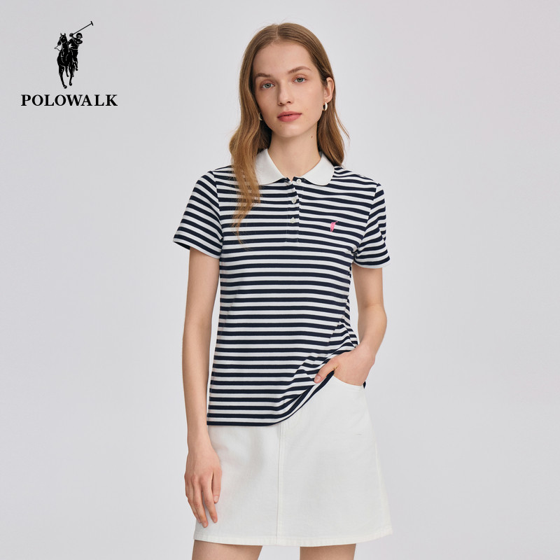 POLOWALK女式短袖POLO衫夏季新品条纹收腰T恤百搭休闲女款