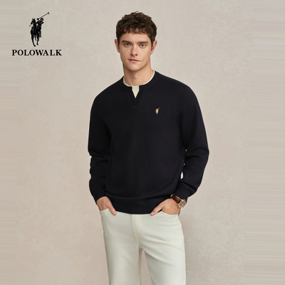 POLOWALK男式针织衫2025冬季新品简约松弛风拼接圆V领百搭针织衫