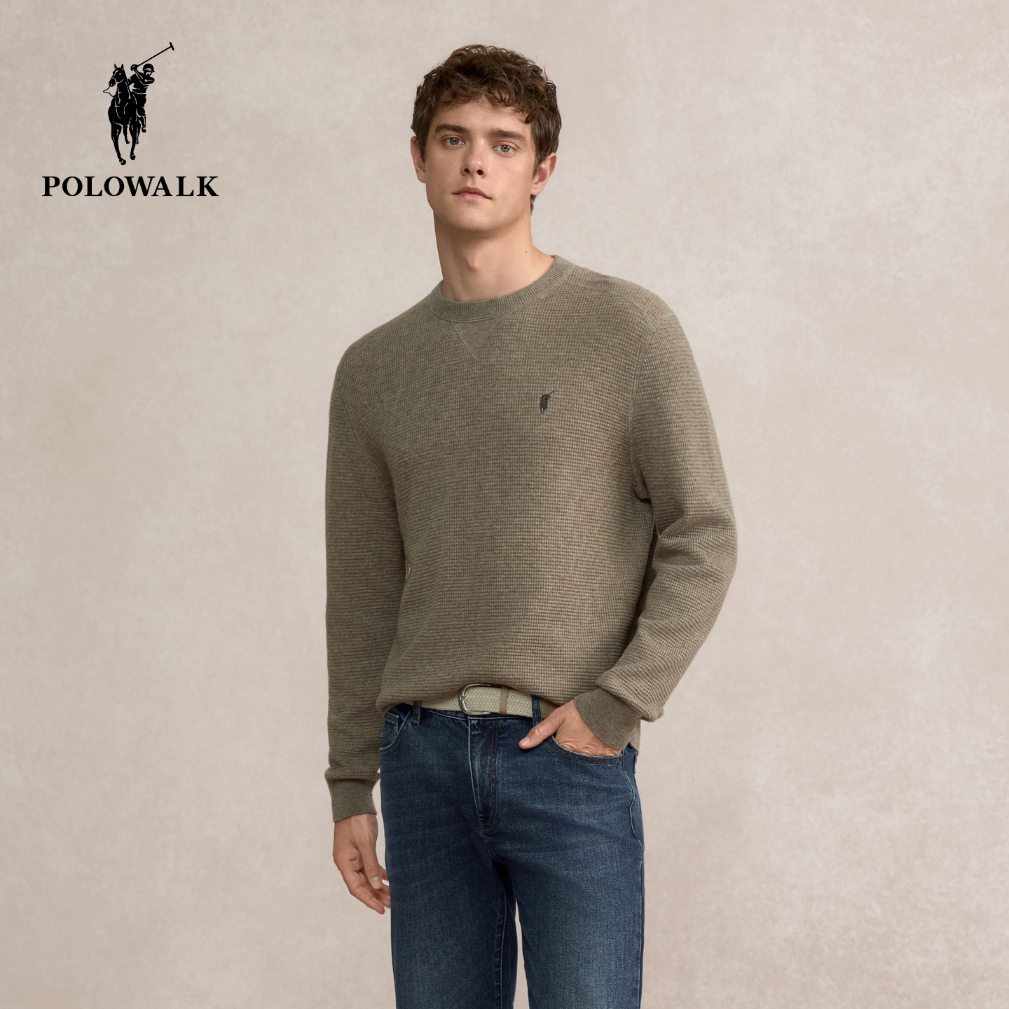 POLOWALK针织羊毛衫男式2025冬季新品时尚百搭套头圆领打底衫男