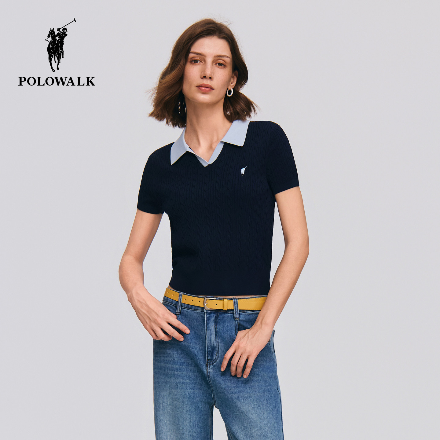POLOWALK女式短袖针织衫2026夏季新品撞色翻领修身显瘦绞花针织衫