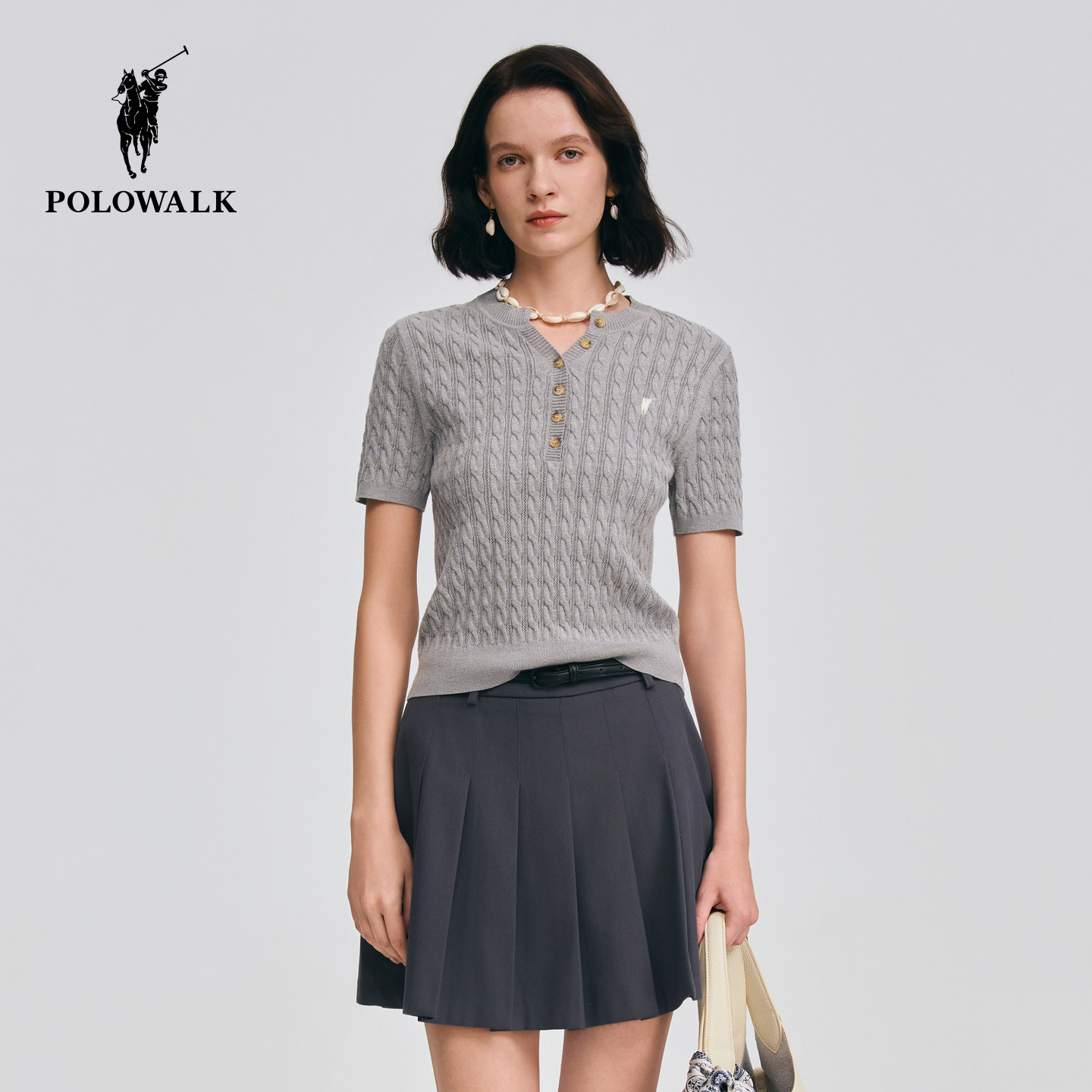 POLOWALK女式短袖针织衫2026春季新品圆v领绞花肌理感套头上衣