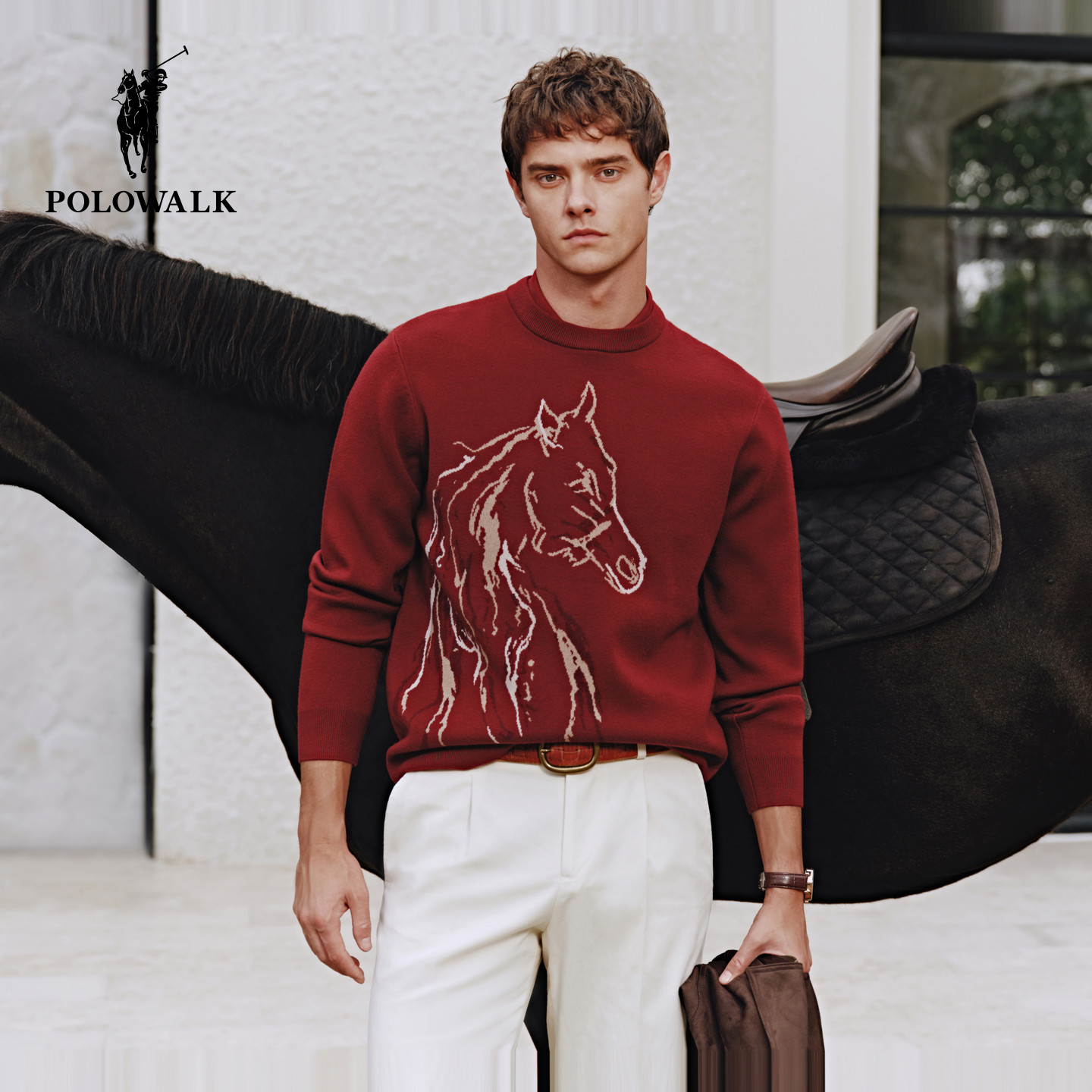 【新年款】POLOWALK男式针织衫2026春季新品圆领提花红色针织衫男