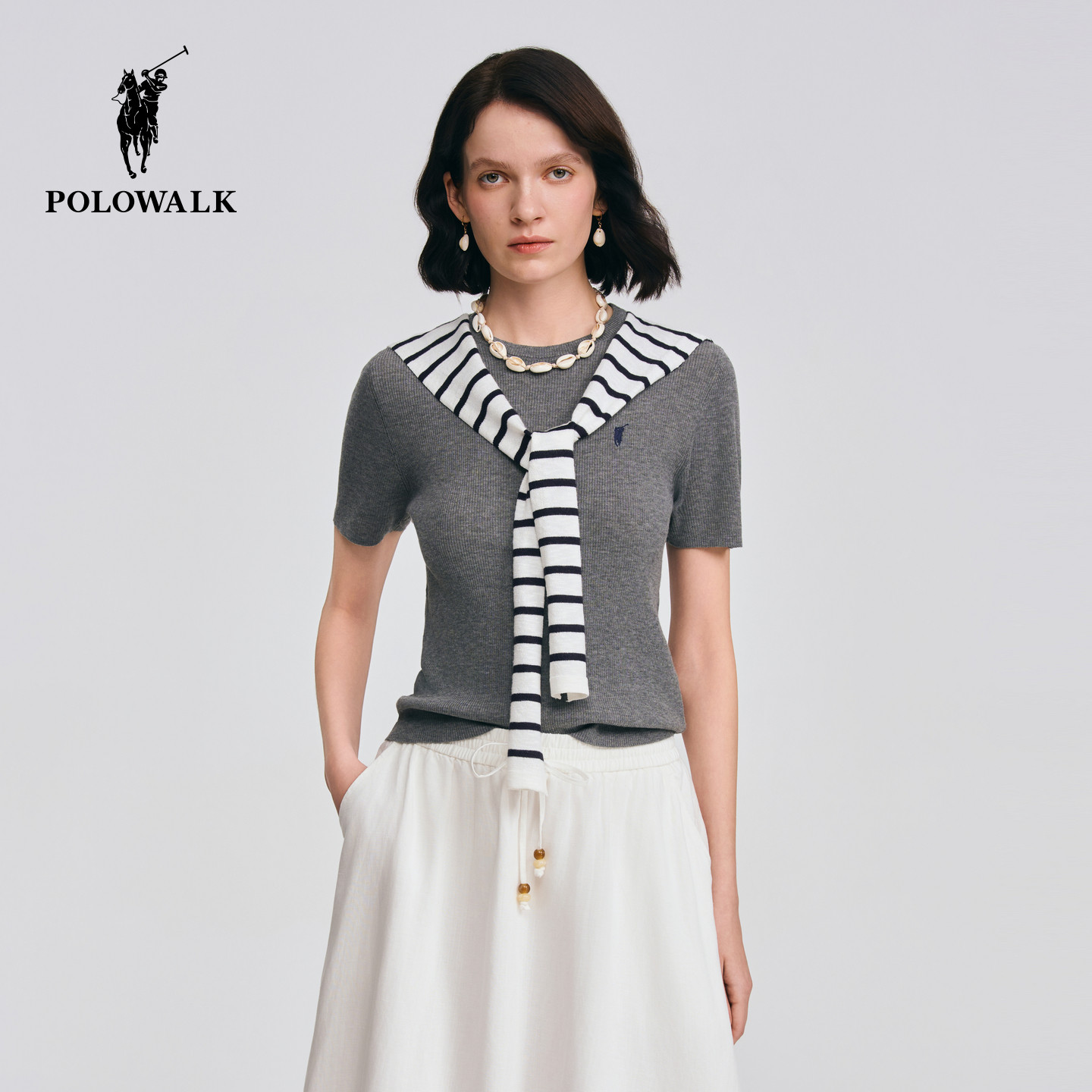 POLOWALK女式短袖针织衫2026春季新品慵懒条纹披肩圆领修身针织衫