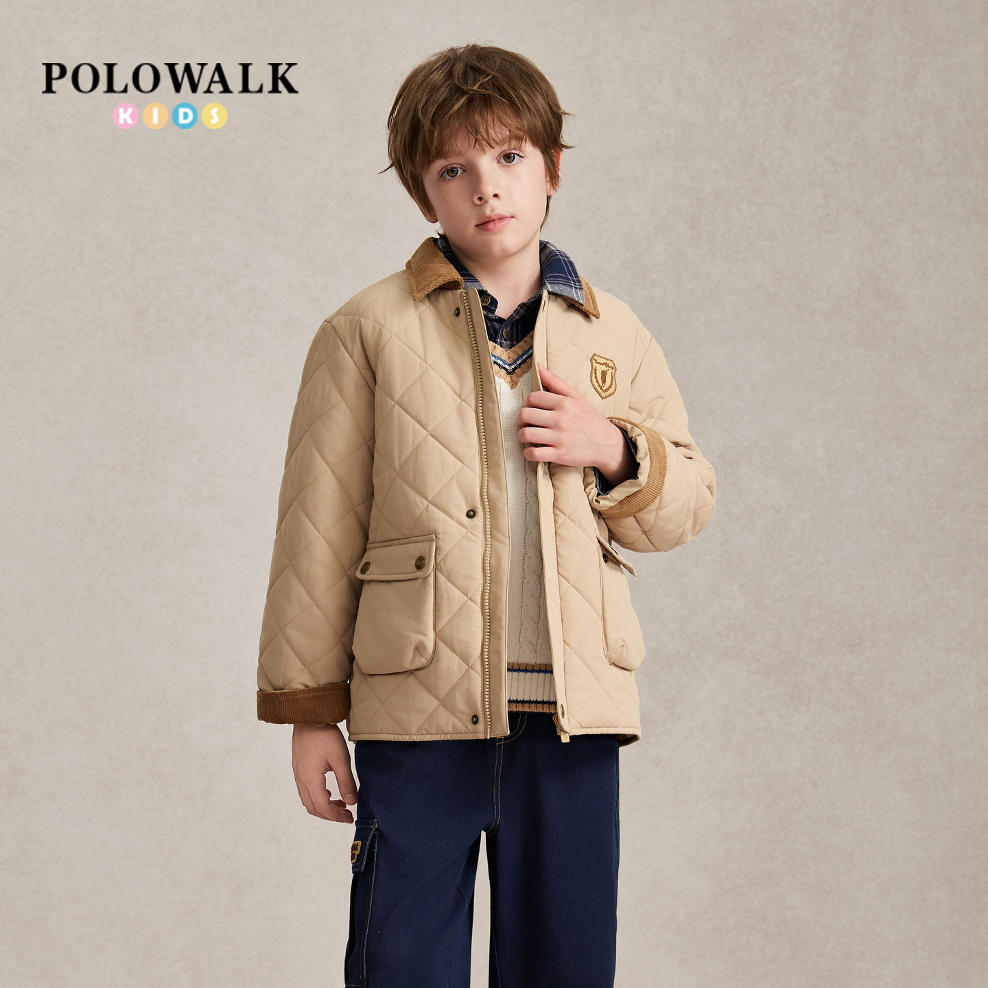 POLOWALK男童棉服2026秋季新品撞色翻领宽松时尚保暖舒适拉链外套