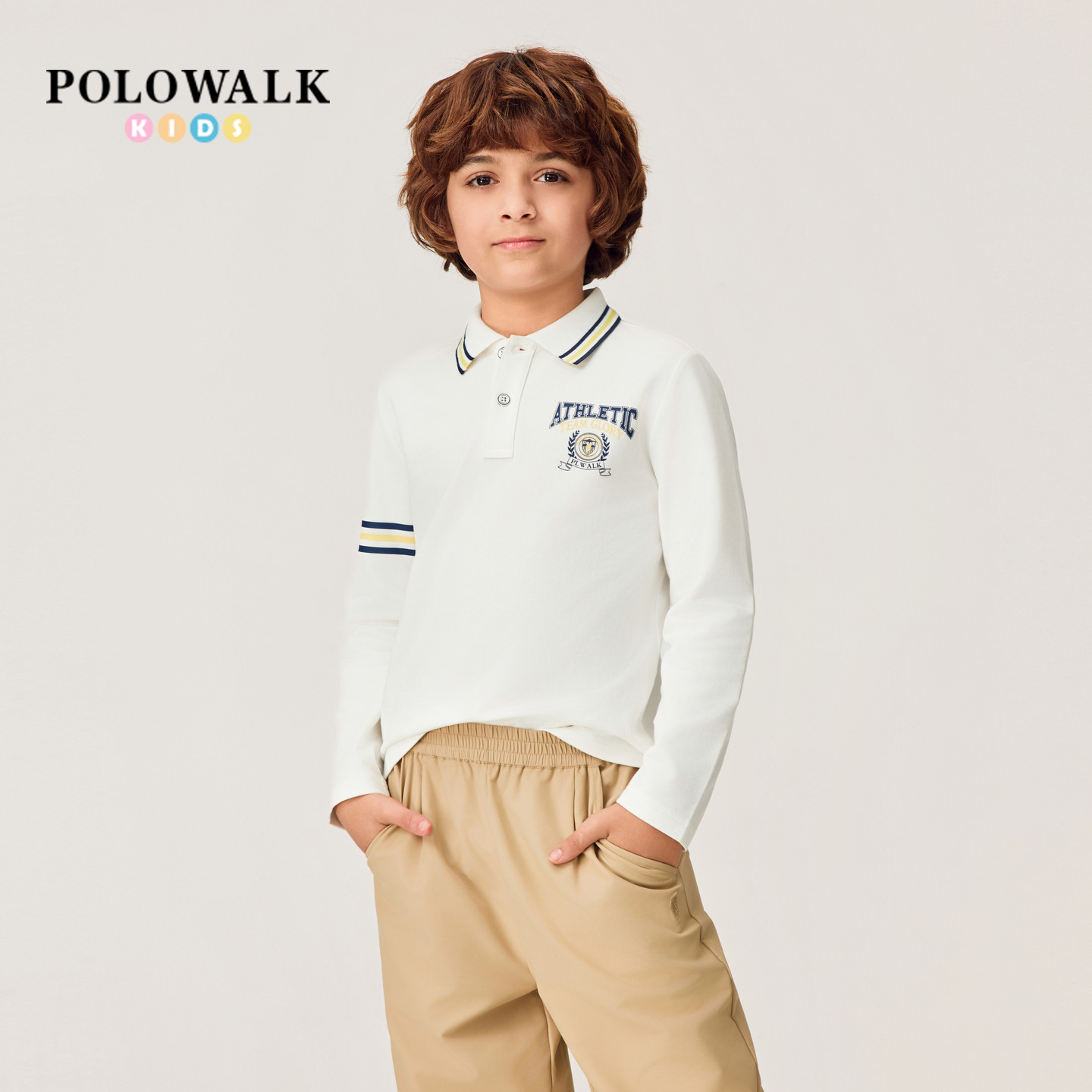 POLOWALK童装男童长袖T恤2026春季新品学院风撞色印花翻领长袖T恤