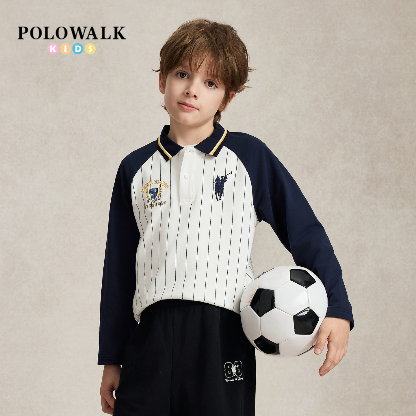 POLOWALK男童T恤2026早秋新品翻领撞色竖条纹刺绣长袖POLO上衣
