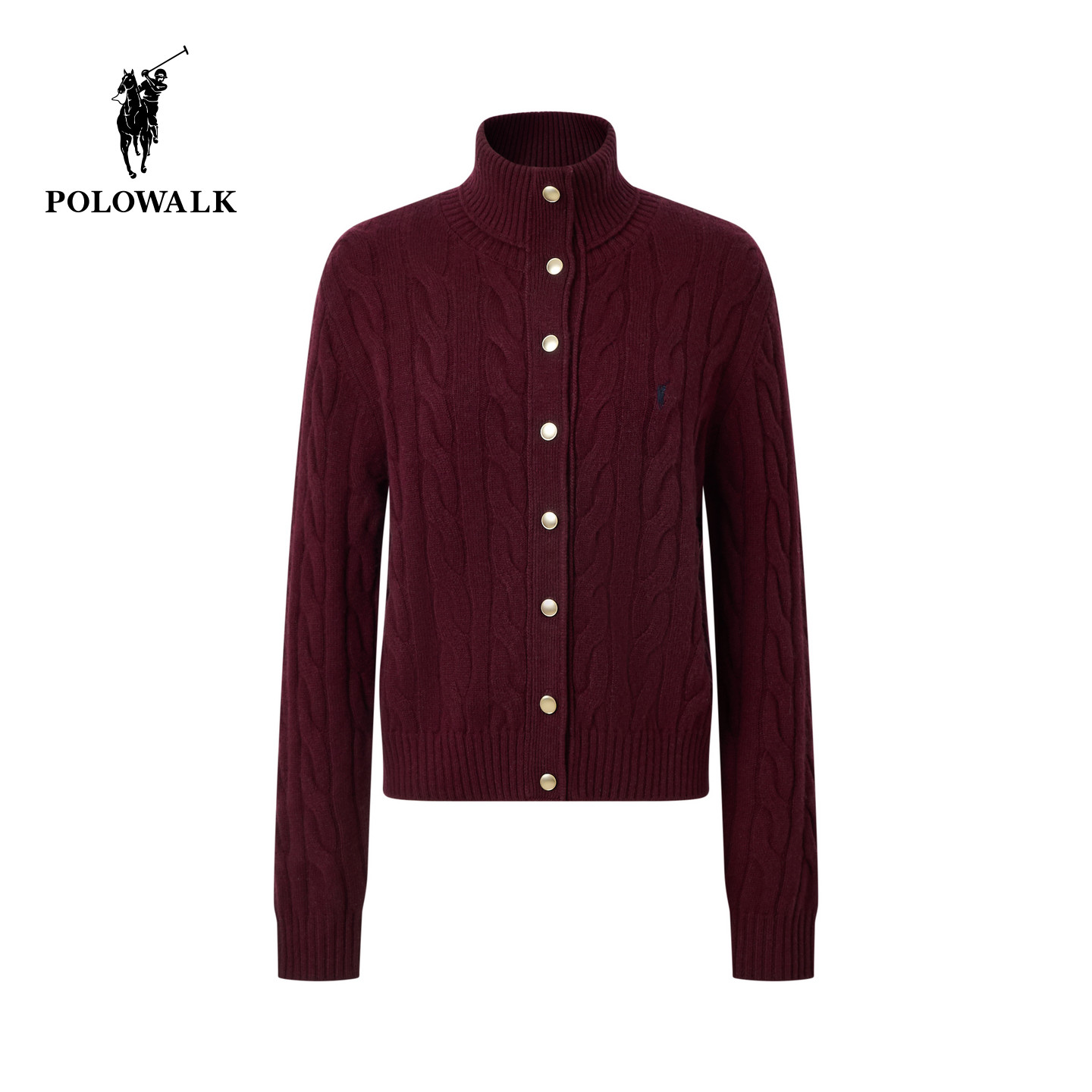 【100%绵羊毛】POLOWALK女式羊毛衫2025冬季新品高领绞花针织开衫