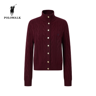 【100%绵羊毛】POLOWALK女式羊毛衫2025冬季新品高领绞花针织开衫