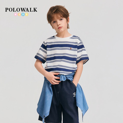 POLOWALK童装男童短袖T恤2026夏季新品时尚撞色条纹圆领休闲T恤