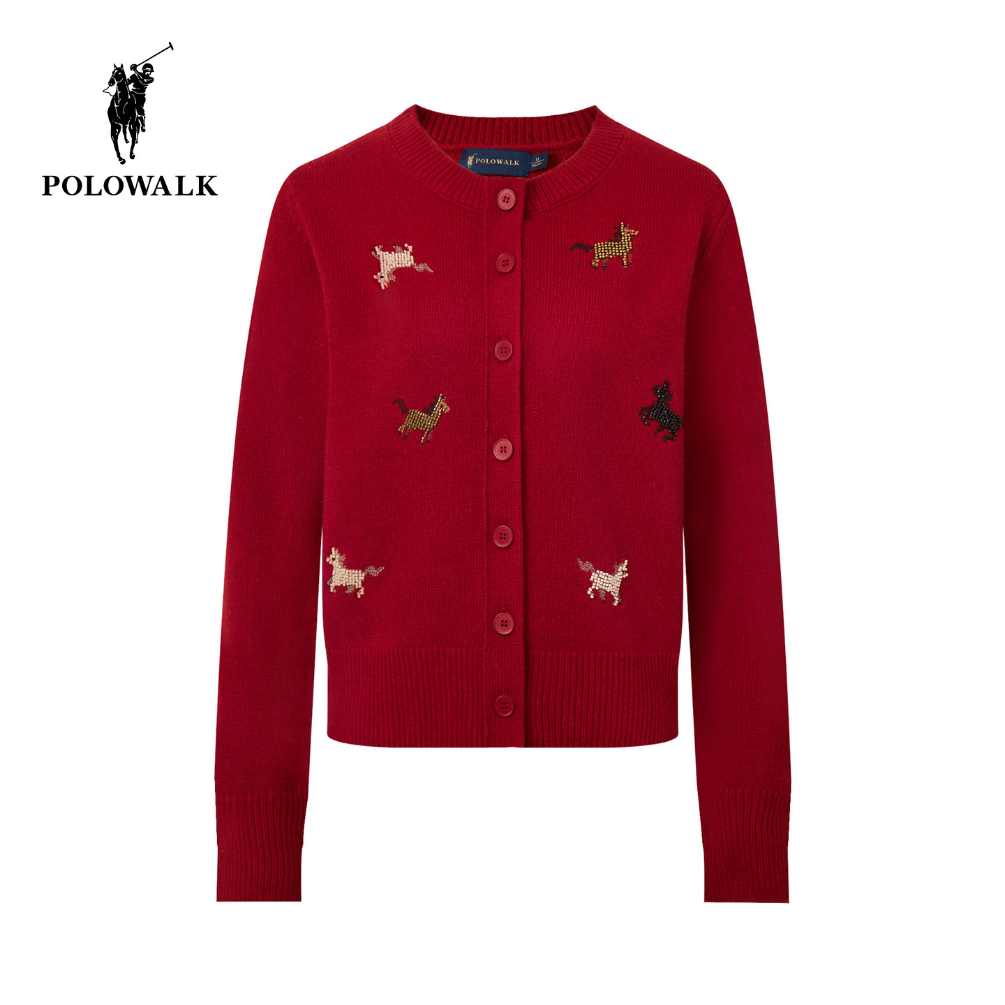 POLOWALK女式羊毛衫2026春季新品女装罗纹圆领开衫上衣红色羊毛衫