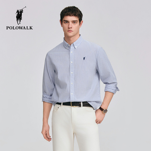 长袖 条纹纽扣领通勤休闲长袖 衬衫 新品 2026春季 POLOWALK男式
