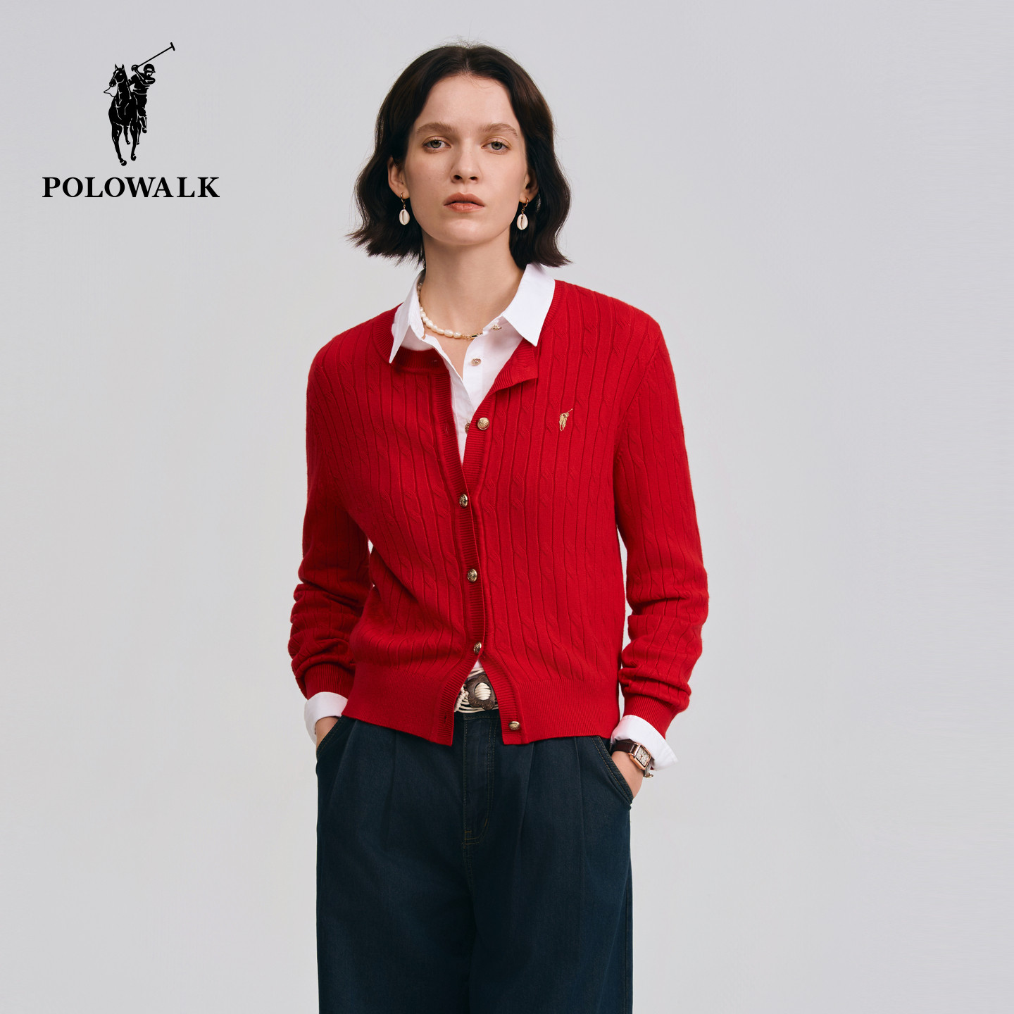 【红色款】POLOWALK女式长袖针织衫2026春季新品红色绞花