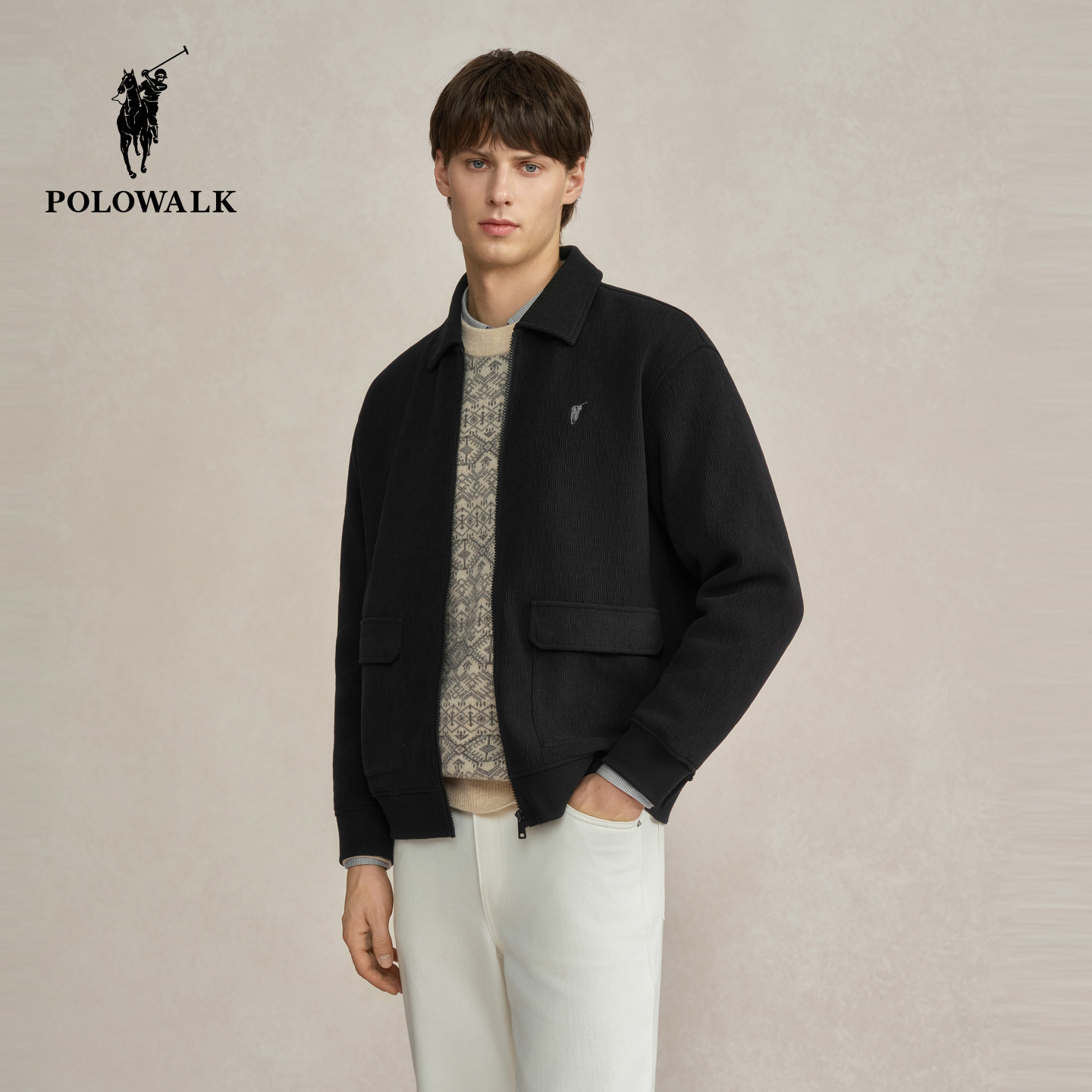 POLOWALK男式卫衣2025冬季新品简约百搭舒适翻领内里加绒外套男