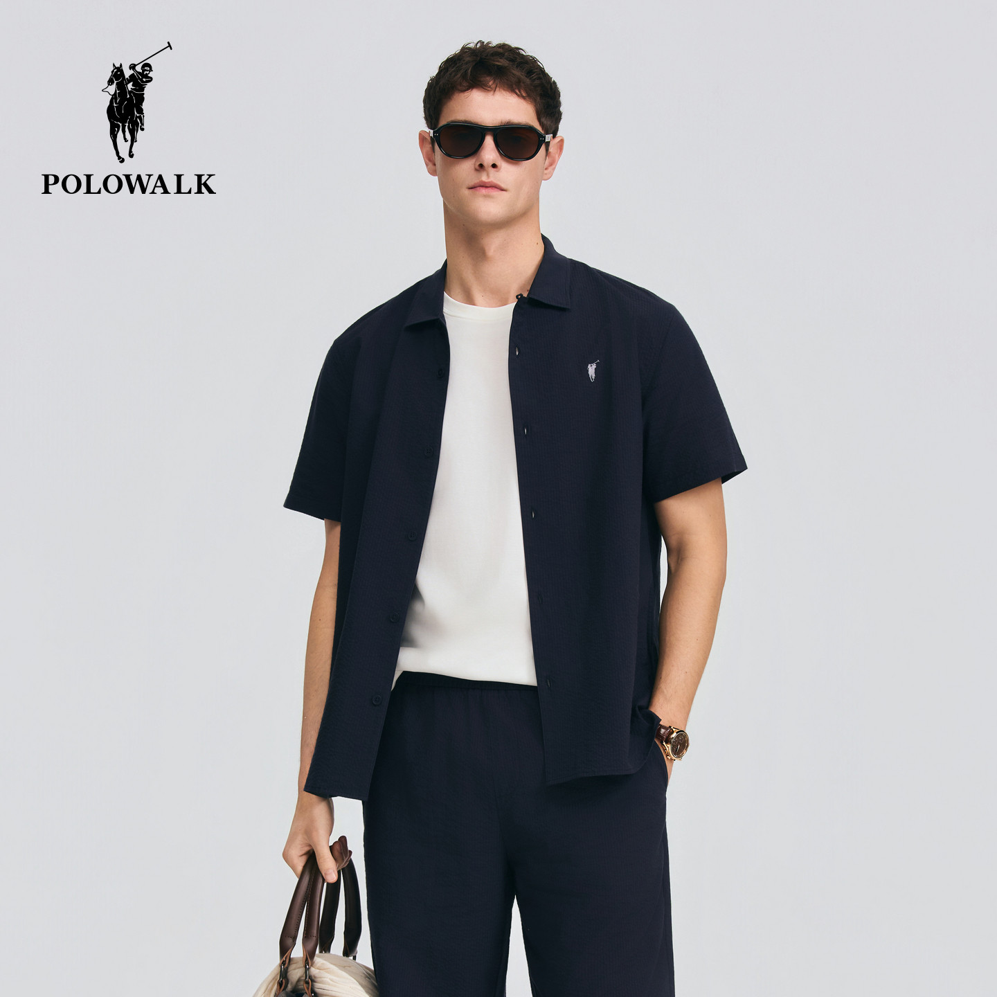 【套装】POLOWALK男式短袖衬衫2026春季新品简约翻领衬衫休闲短裤