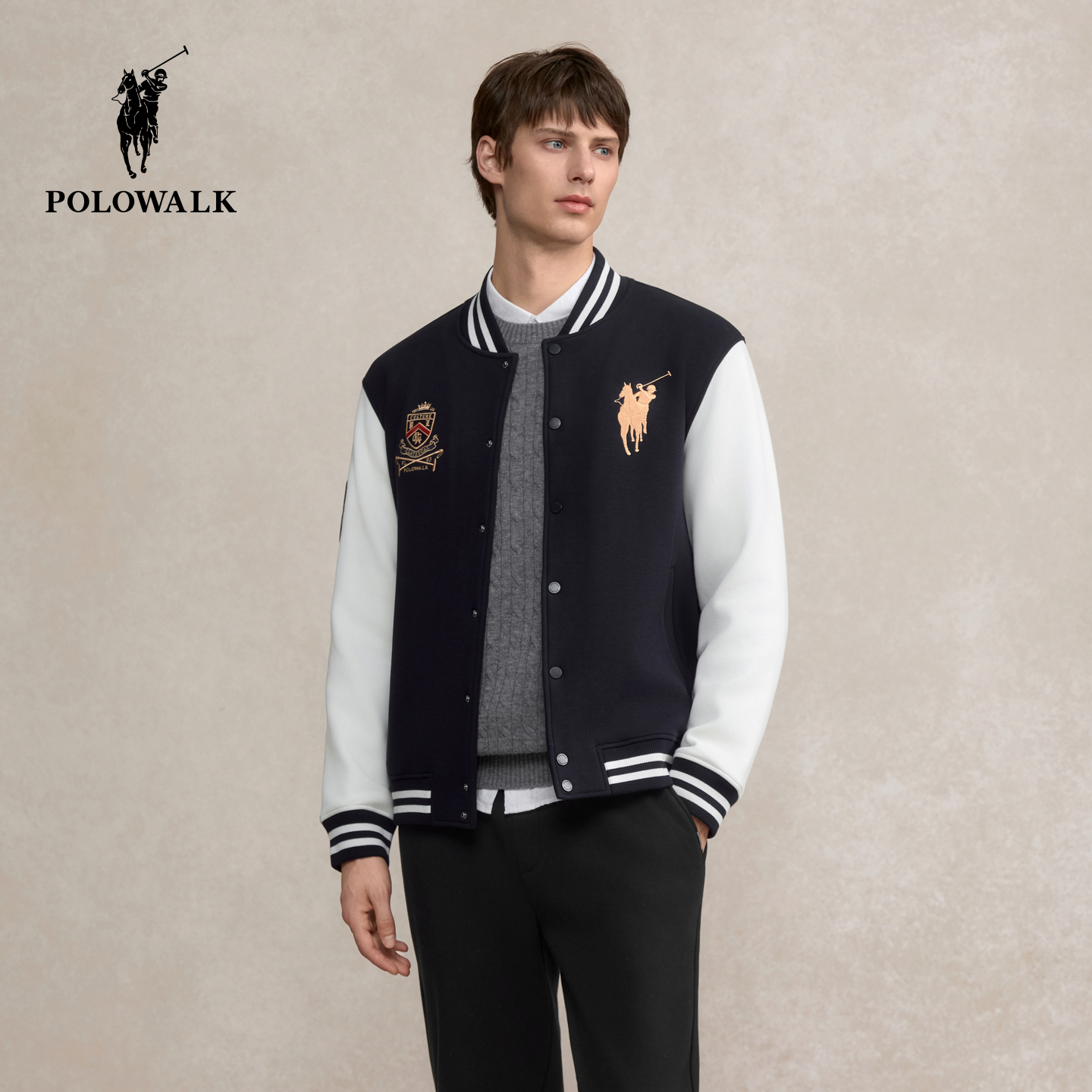 POLOWALK男式卫衣2025冬季新品撞色潮流刺绣学院风棒球服外套