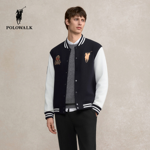 POLOWALK男式卫衣2025冬季新品撞色潮流刺绣学院风棒球服外套