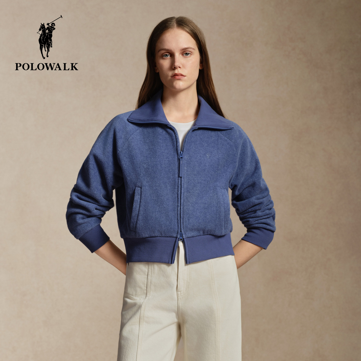 POLOWALK女式外套2026冬季新品翻领摇粒绒纯色显瘦修身拉链外套