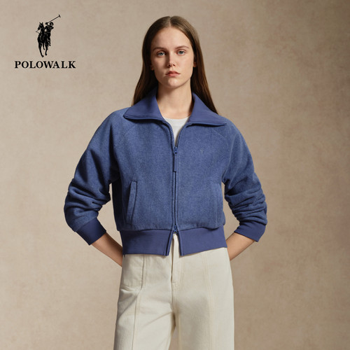 POLOWALK女式外套2026冬季新品翻领摇粒绒纯色显瘦修身拉链外套