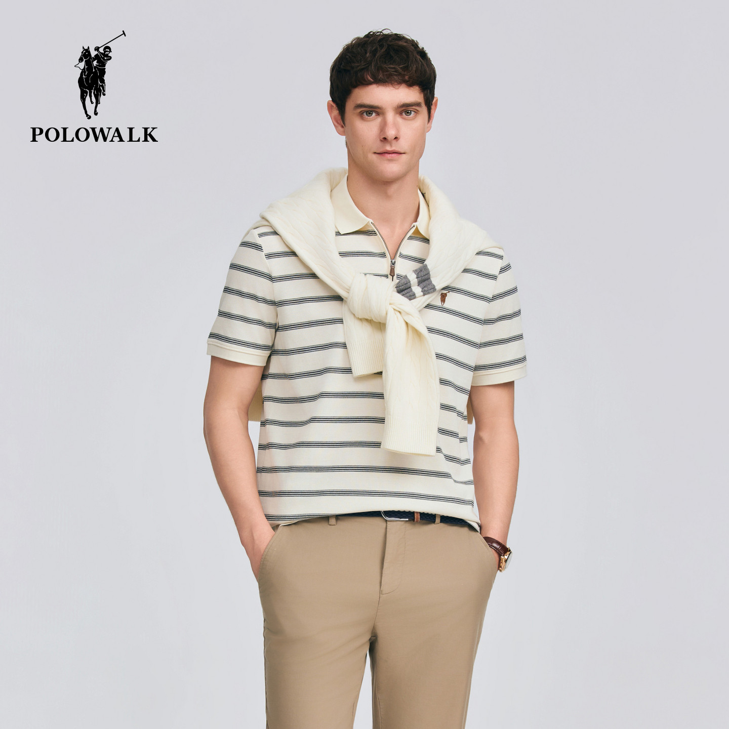 POLOWALK男式短袖POLO衫2026夏季新品时尚撞色条纹短袖拉链POLO衫