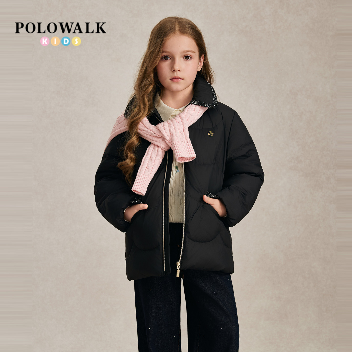 【90鸭绒】POLOWALK女童羽绒服2026冬季小香风中长款保暖翻领外套