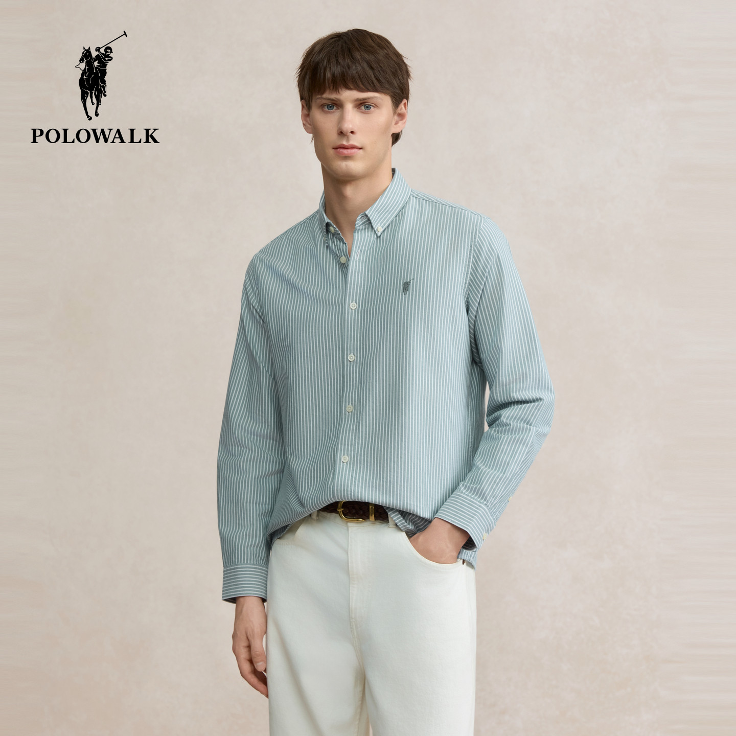 【100%棉】POLOWALK男式长袖衬衫2026春秋新品条纹翻领开衫衬衣男