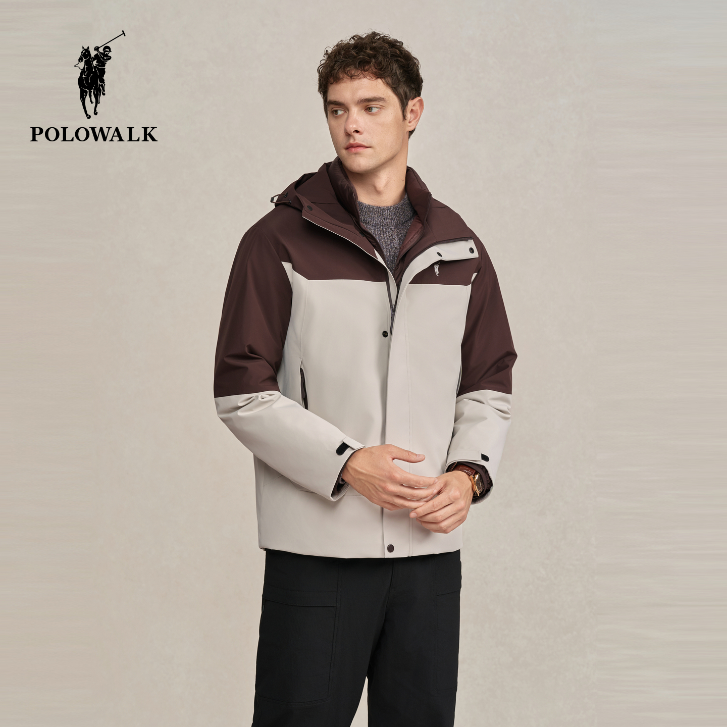 POLOWALK男式羽绒服2025冬季新品撞色两件套户外休闲保暖羽绒外套