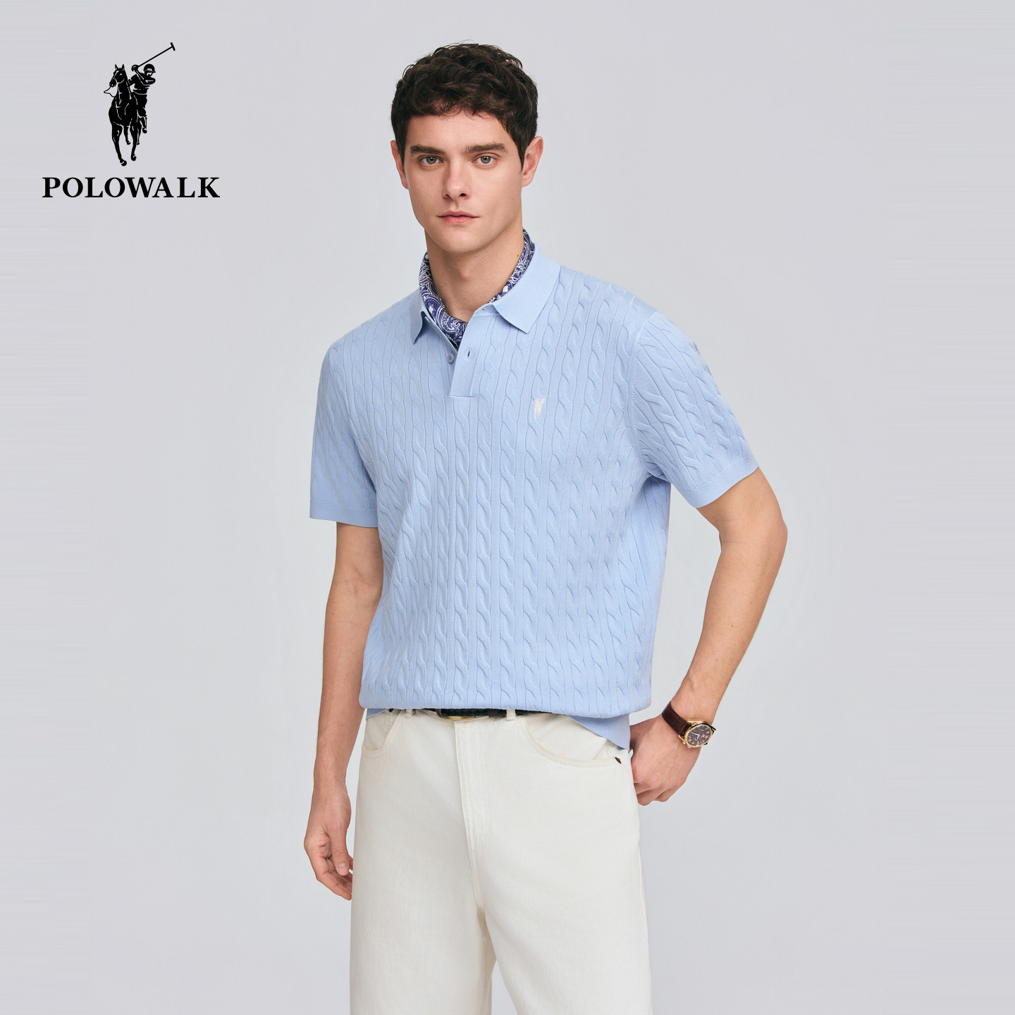 【含桑蚕丝】POLOWALK男式短袖针织衫2026春季新品绞花针织短袖