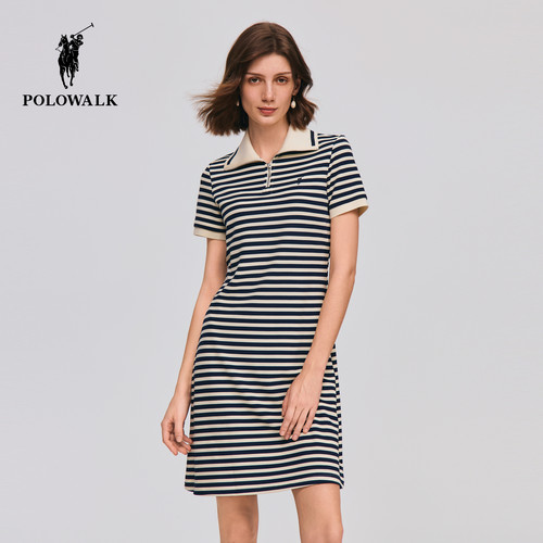 POLOWALK女式短袖针织连衣裙2026夏季新品修身显瘦条纹针织裙